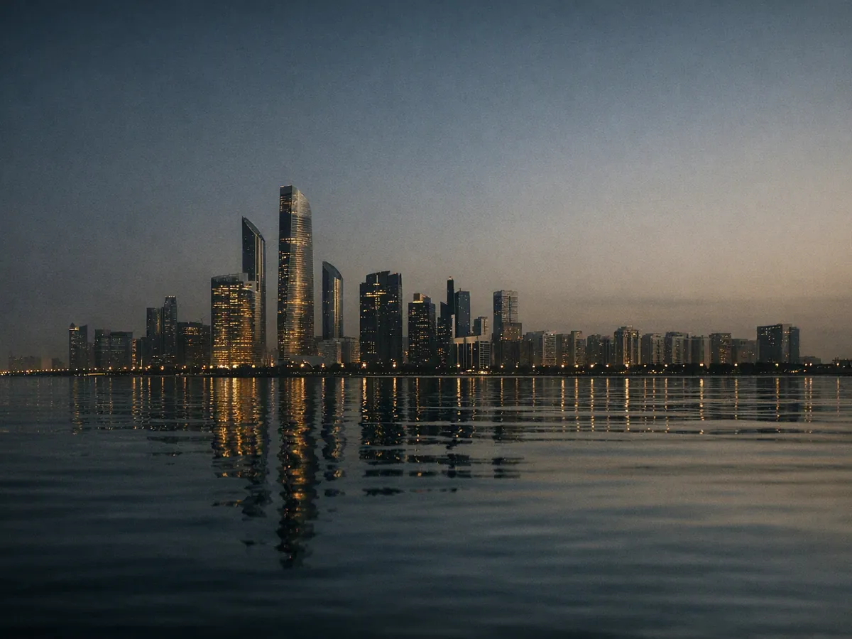Abu Dhabi skyline at dusk, seen across the water