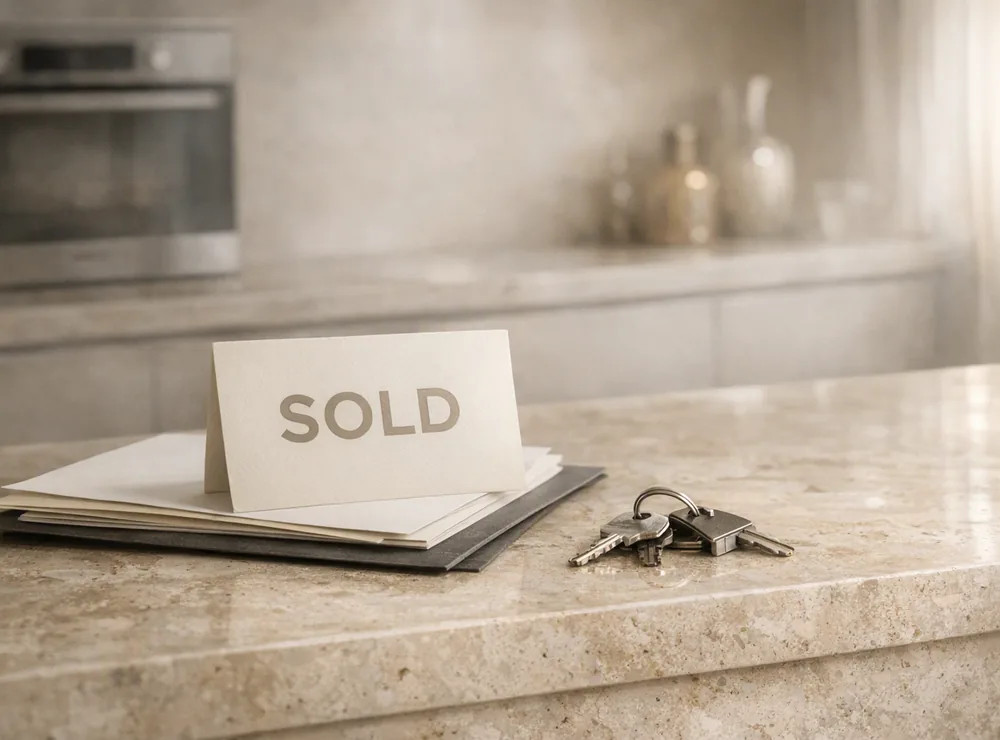 A sold notice and keys on the counter of a finished Dubai apartment