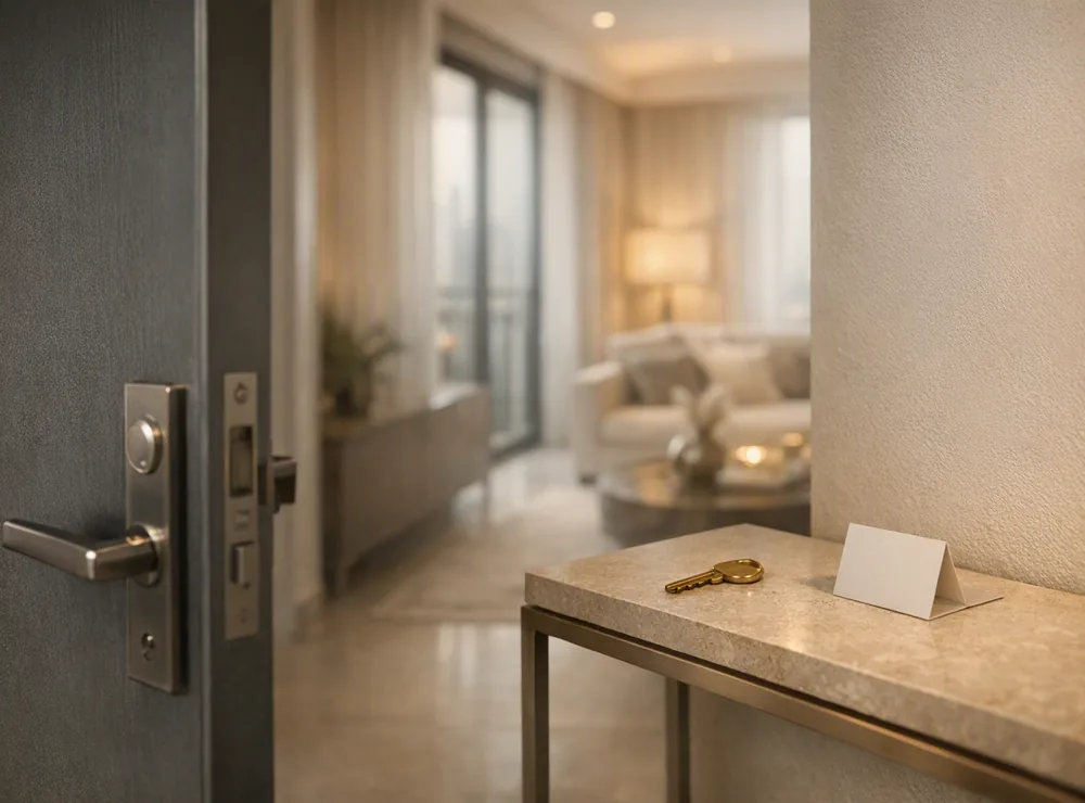 A key and welcome note on the console table of a move-in-ready Dubai apartment