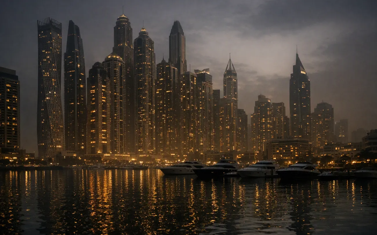 Dubai Marina at night from the water