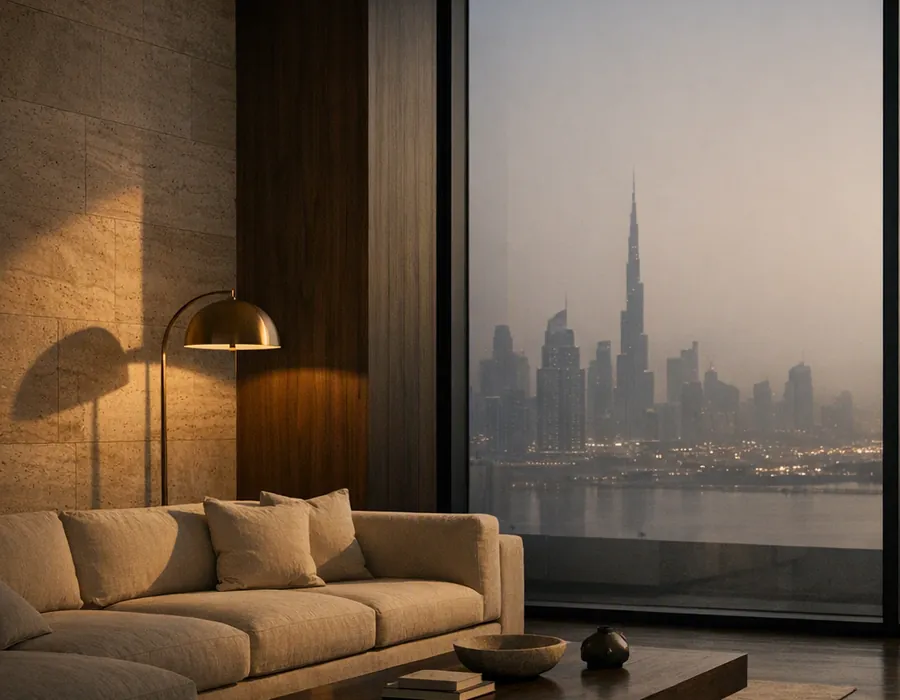 Living room of a UAE apartment overlooking the Burj Khalifa