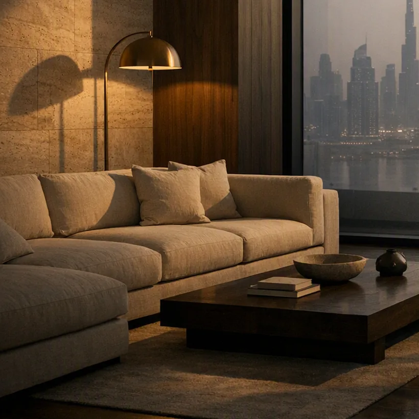 Detail of a finished interior: seating, lighting and materials
