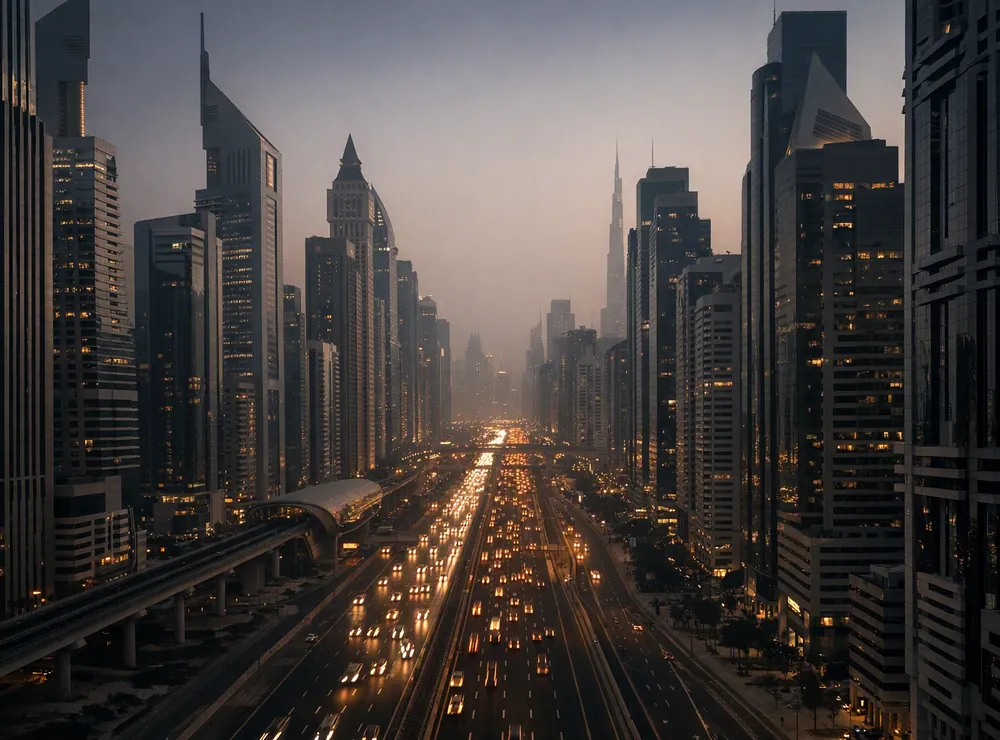 Sheikh Zayed Road and the Dubai skyline at dusk