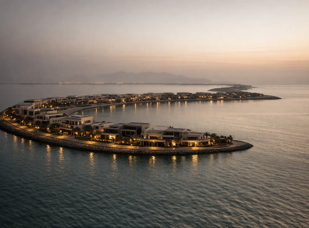 Waterfront villas on a UAE island at sunset